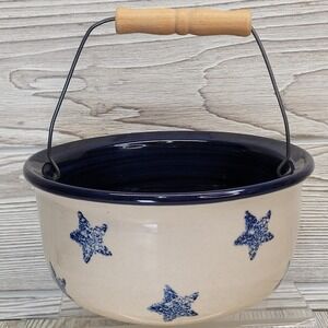 Marshall Pottery Stoneware Bucket Blue Cream Star‎ Ceramic Wood Handle 2000 EX